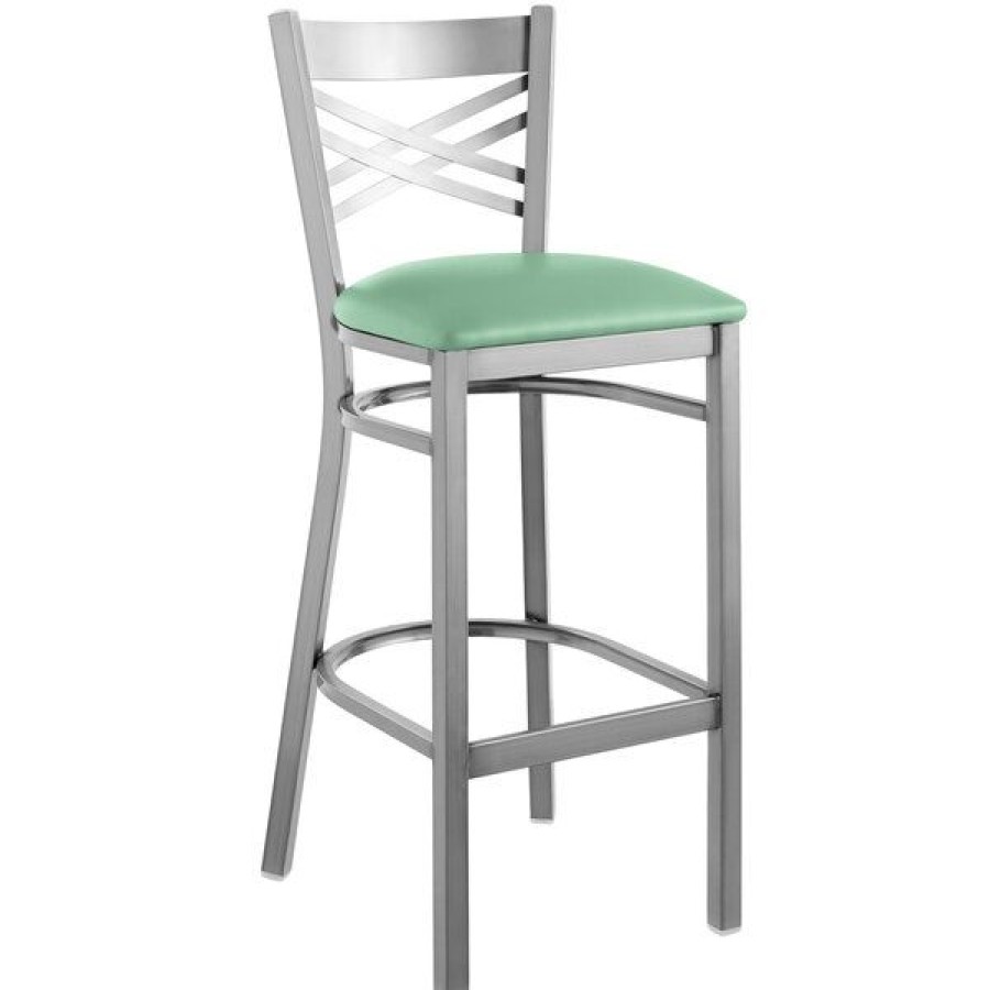 Restaurant Bar Stools * | Promo Lancaster Table & Seating Clear Coat Cross Back Bar Height Chair With Seafoam Padded Seat