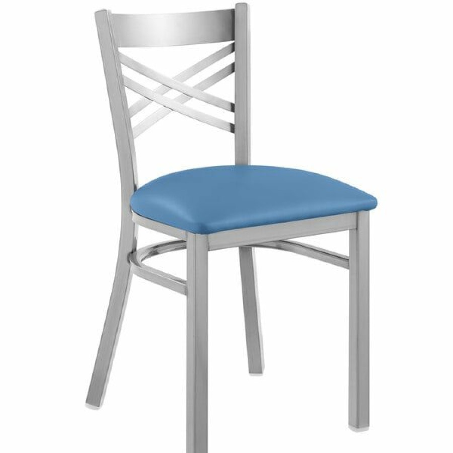 Restaurant Chairs * | Outlet Lancaster Table & Seating Clear Coat Cross Back Chair With Blue Padded Seat