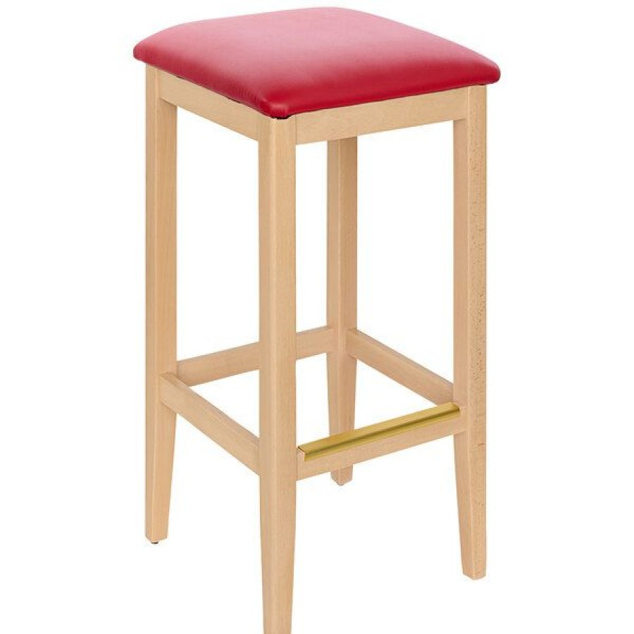 Restaurant Bar Stools * | Cheap Bfm Seating Stockton Natural Beechwood Square Backless Barstool With 2 Red Vinyl Seat