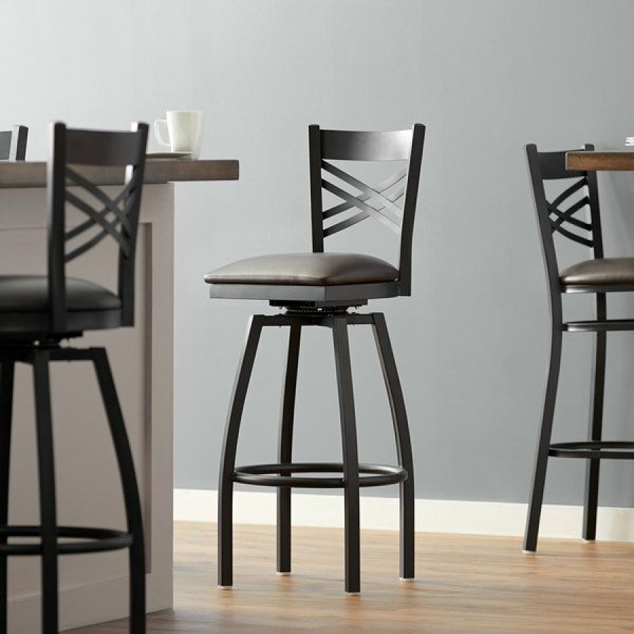 Restaurant Bar Stools * | Wholesale Lancaster Table & Seating Cross Back Bar Height Black Swivel Chair With Dark Brown Vinyl Seat