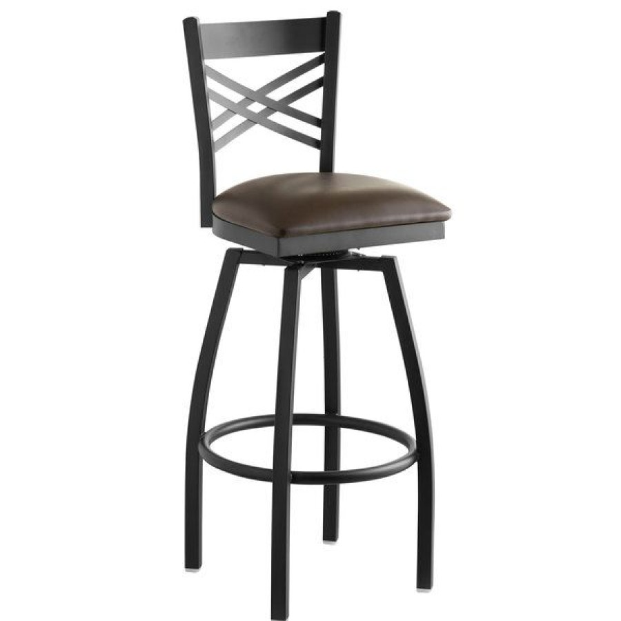 Restaurant Bar Stools * | Wholesale Lancaster Table & Seating Cross Back Bar Height Black Swivel Chair With Dark Brown Vinyl Seat