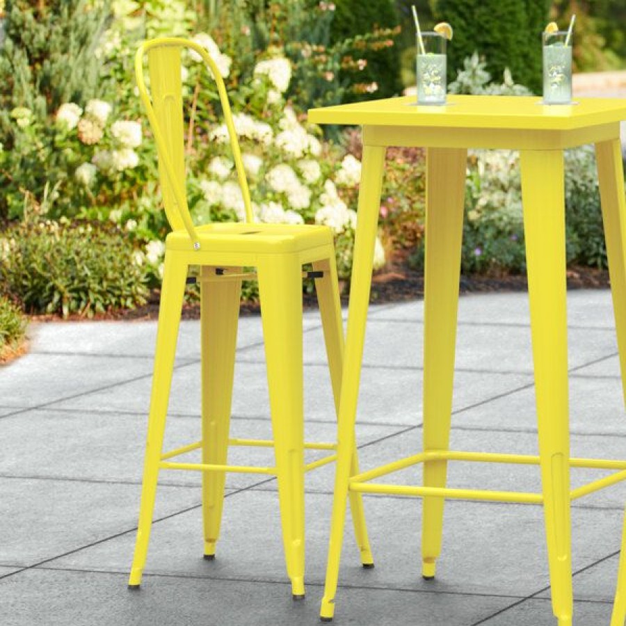 Outdoor Restaurant Bar Stools * | Buy Lt&S Alloy Series Lancaster Table & Seating Alloy Series Yellow Metal Indoor / Outdoor Industrial Cafe Barstool With Vertical Slat Back And Drain Hole Seat