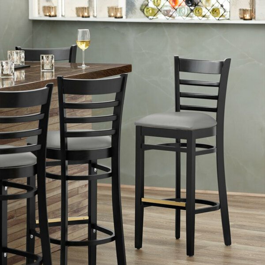 Restaurant Bar Stools * | New Lancaster Table & Seating Black Finish Wooden Ladder Back Bar Height Chair With Light Gray Padded Seat