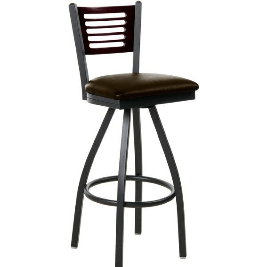 Restaurant Bar Stools * | Hot Sale Bfm Seating 2151Sdbv-Mhsb Espy Sand Black Metal Bar Height Chair With Mahogany Wooden Back And 2 Dark Brown Vinyl Swivel Seat