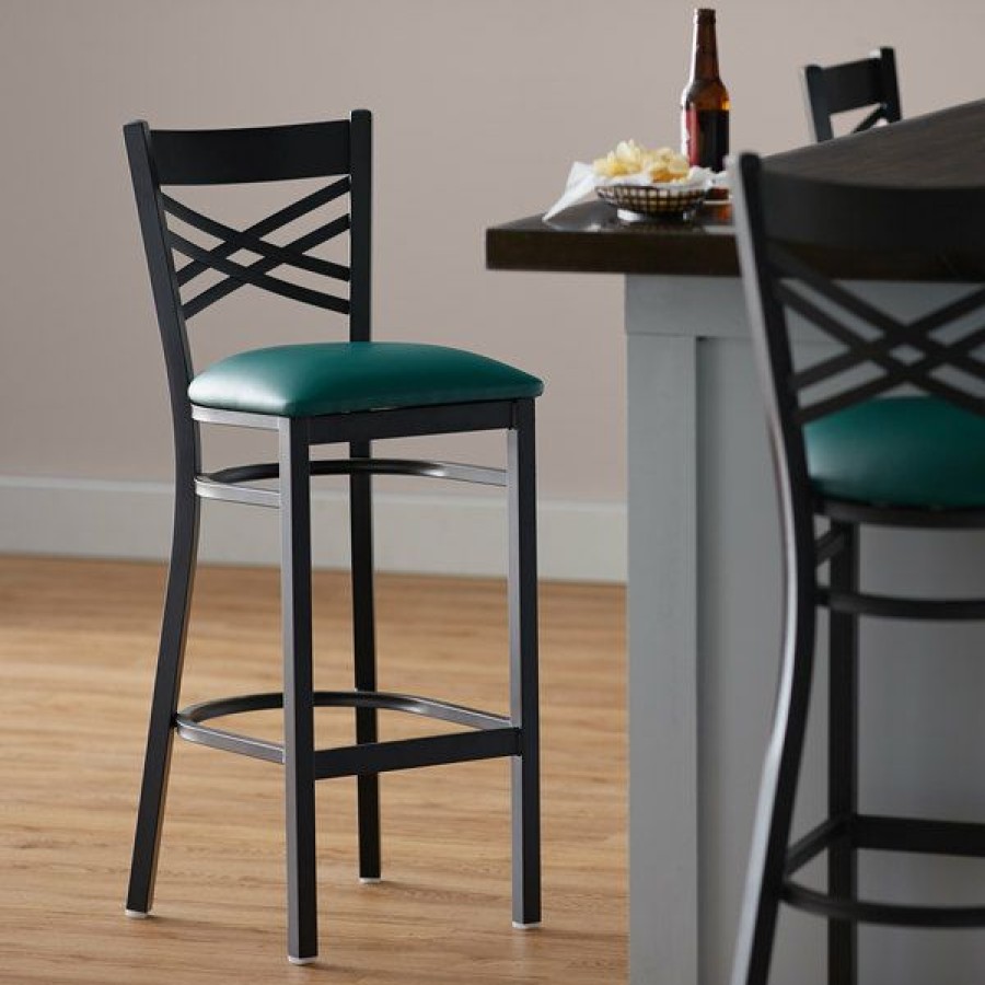 Restaurant Bar Stools * | Hot Sale Lancaster Table & Seating Cross Back Bar Height Black Chair With Green Vinyl Seat