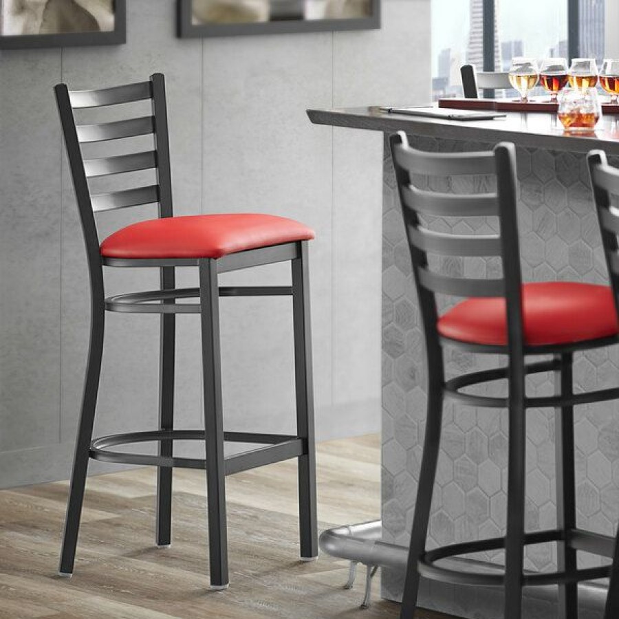 Restaurant Bar Stools * | Brand New Lancaster Table & Seating Black Frame Ladder Back Bar Height Chair With Red Padded Seat