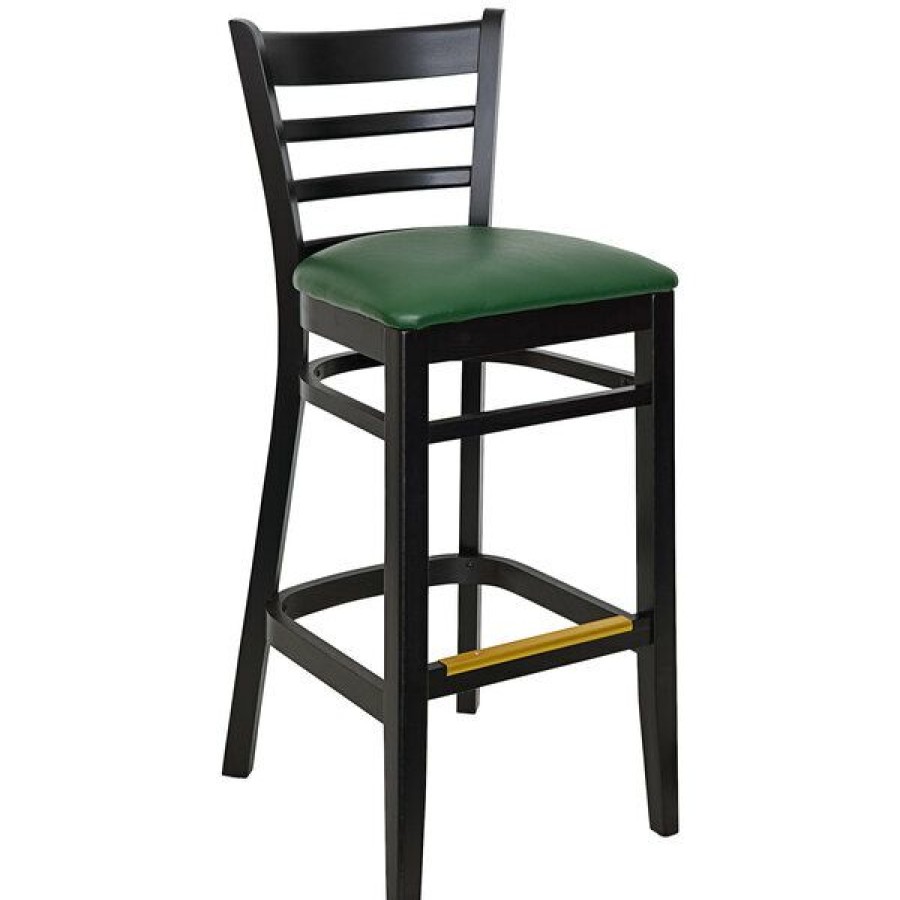 Restaurant Bar Stools * | Best Deal Bfm Seating Berkeley Black Beechwood Ladder Back Barstool With 2 Green Vinyl Seat