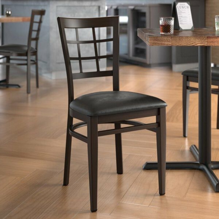 Restaurant Chairs * | New Lt&S Spartan Series Lancaster Table & Seating Spartan Series Metal Window Back Chair With Walnut Wood Grain Finish And Black Vinyl Seat