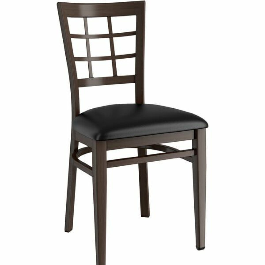 Restaurant Chairs * | New Lt&S Spartan Series Lancaster Table & Seating Spartan Series Metal Window Back Chair With Walnut Wood Grain Finish And Black Vinyl Seat