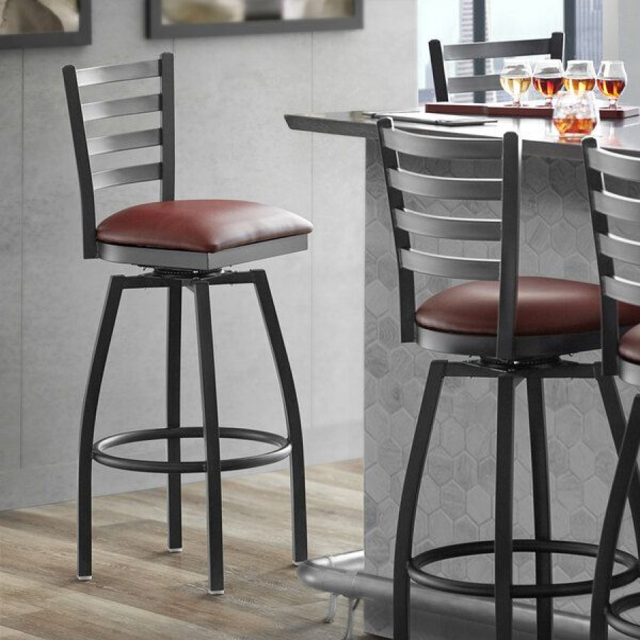 Restaurant Bar Stools * | Brand New Lancaster Table & Seating Black Top Frame Ladder Back Swivel Bar Height Chair With Burgundy Padded Seat