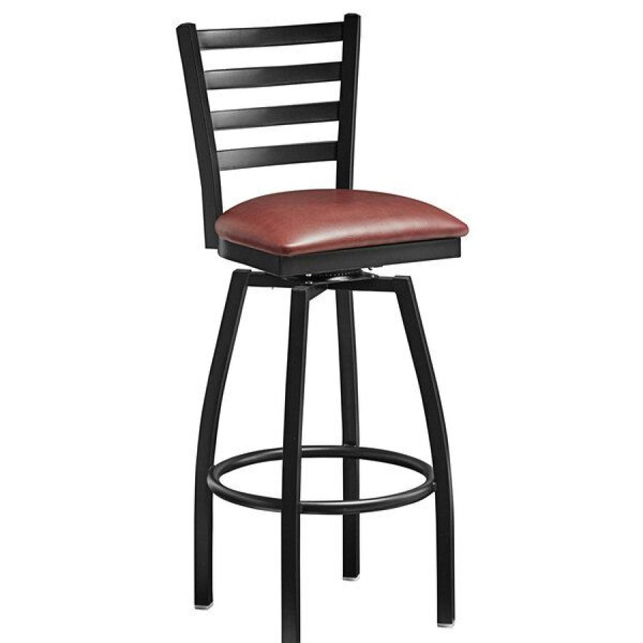 Restaurant Bar Stools * | Brand New Lancaster Table & Seating Black Top Frame Ladder Back Swivel Bar Height Chair With Burgundy Padded Seat