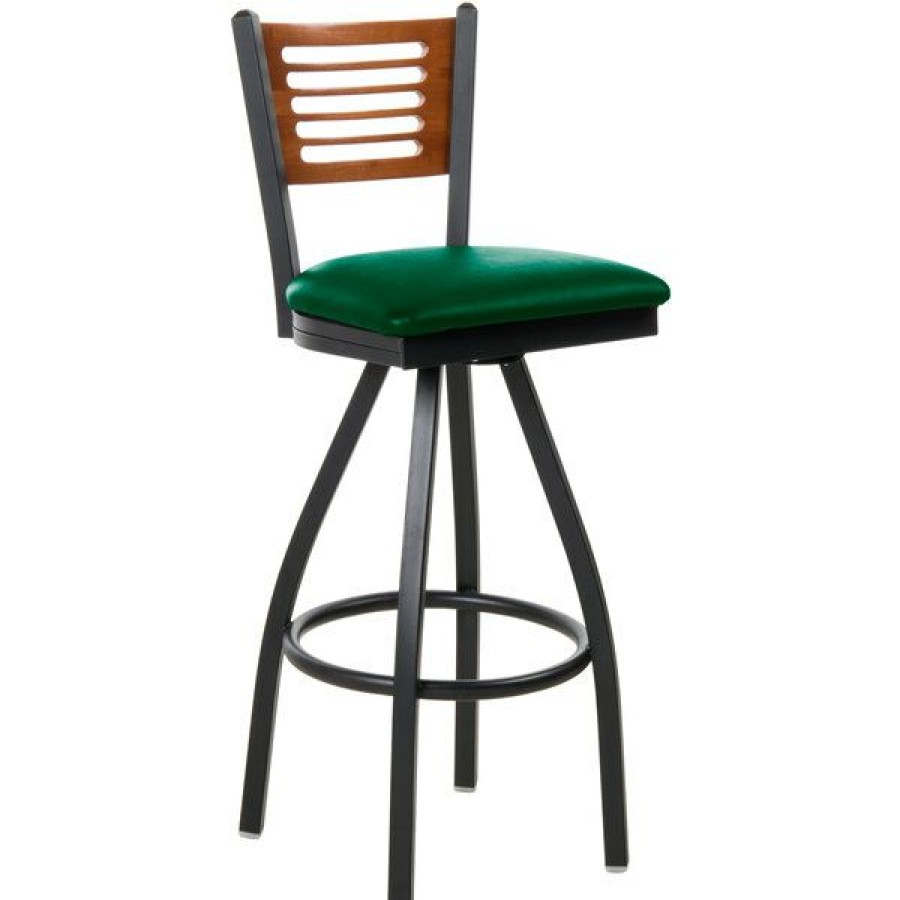 Restaurant Bar Stools * | Cheapest Bfm Seating 2151Sgnv-Chsb Espy Sand Black Metal Bar Height Chair With Cherry Wooden Back And 2 Green Vinyl Swivel Seat