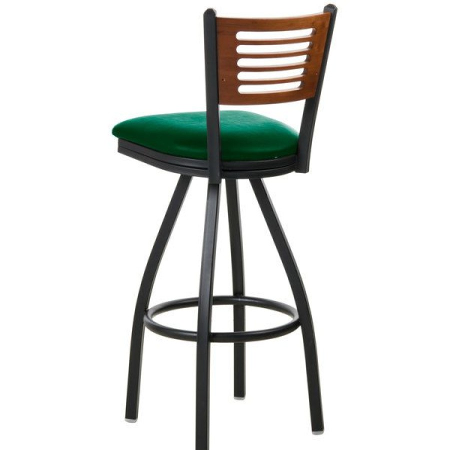 Restaurant Bar Stools * | Cheapest Bfm Seating 2151Sgnv-Chsb Espy Sand Black Metal Bar Height Chair With Cherry Wooden Back And 2 Green Vinyl Swivel Seat