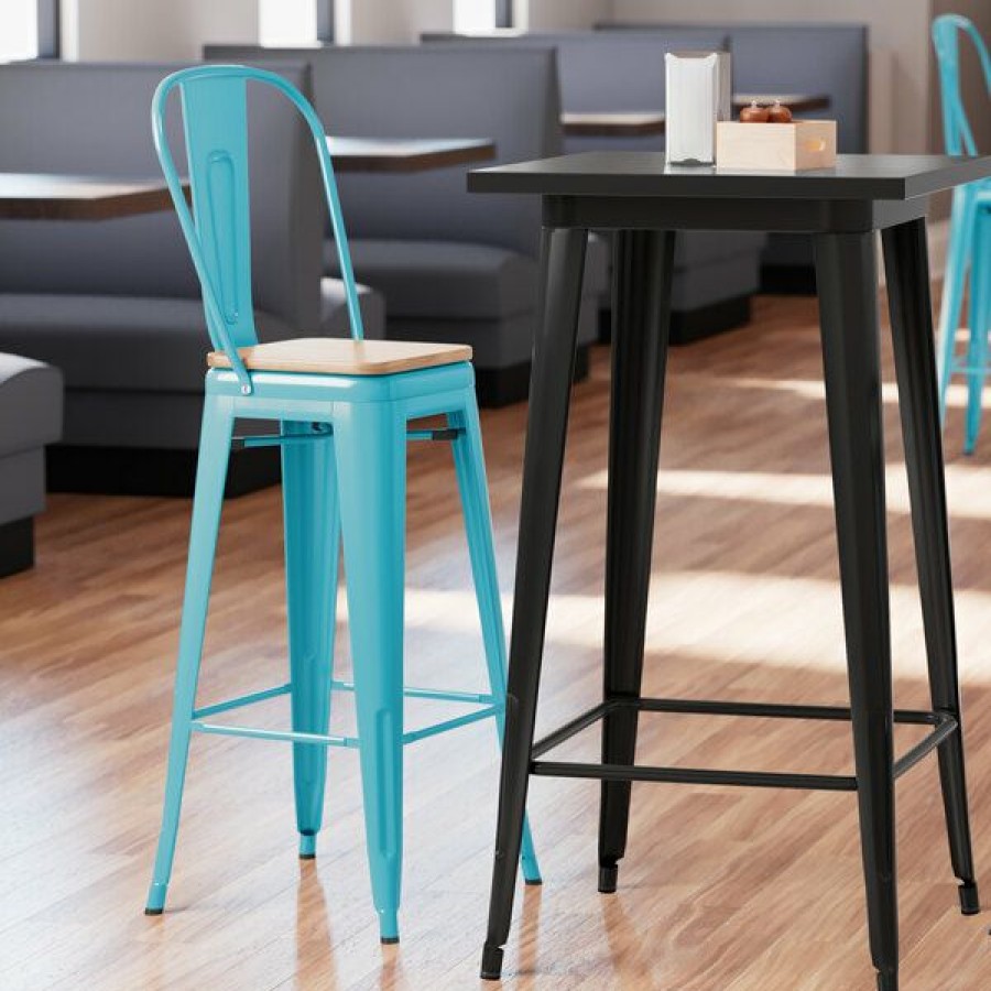 Restaurant Bar Stools * | Cheapest Lt&S Alloy Series Lancaster Table & Seating Alloy Series Arctic Blue Metal Indoor Industrial Cafe Bar Height Stool With Vertical Slat Back And Natural Wood Seat