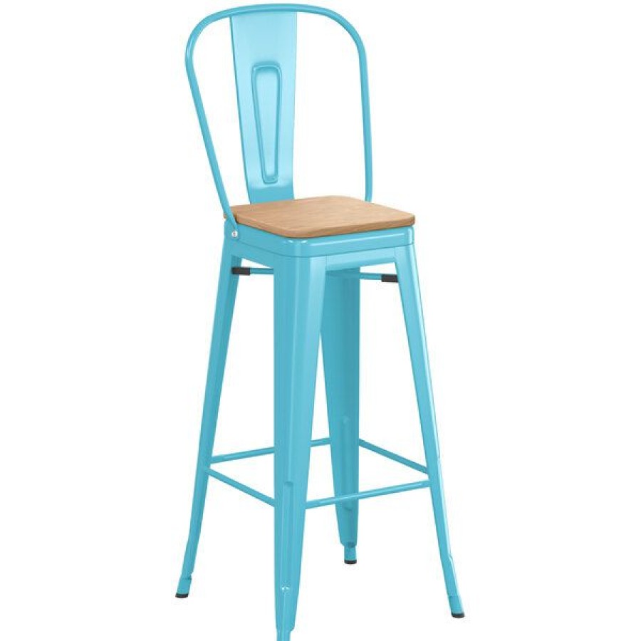 Restaurant Bar Stools * | Cheapest Lt&S Alloy Series Lancaster Table & Seating Alloy Series Arctic Blue Metal Indoor Industrial Cafe Bar Height Stool With Vertical Slat Back And Natural Wood Seat