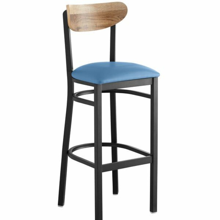 Restaurant Bar Stools * | Best Sale Lt&S Boomerang Series Lancaster Table & Seating Boomerang Bar Height Black Chair With Blue Vinyl Seat And Driftwood Back