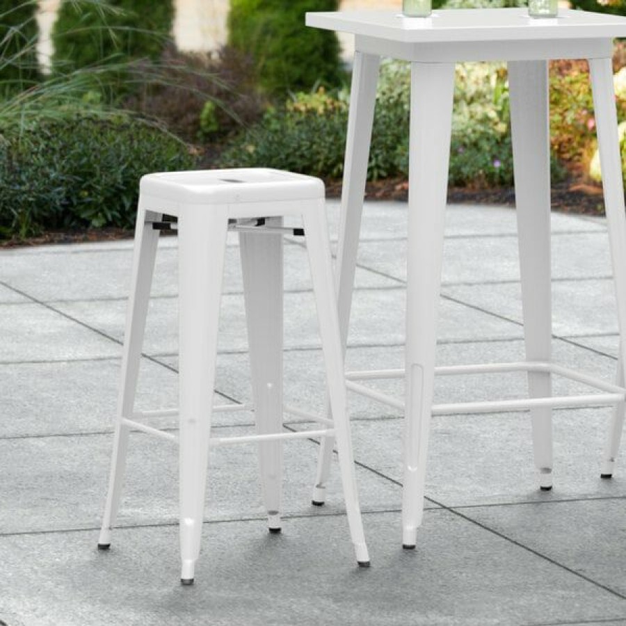 Outdoor Restaurant Bar Stools * | Outlet Lt&S Alloy Series Lancaster Table & Seating Alloy Series White Stackable Metal Indoor / Outdoor Industrial Barstool With Drain Hole Seat