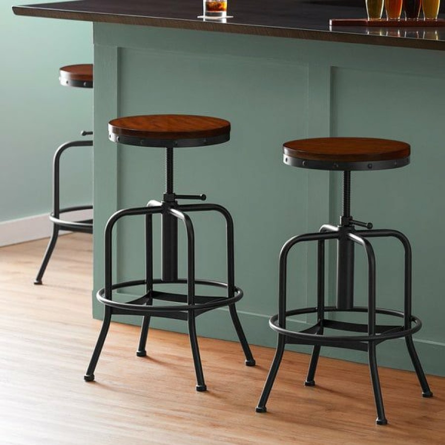 Restaurant Bar Stools * | Coupon Lancaster Table & Seating Screw Top Adjustable Height Black Barstool With Antique Walnut Seat