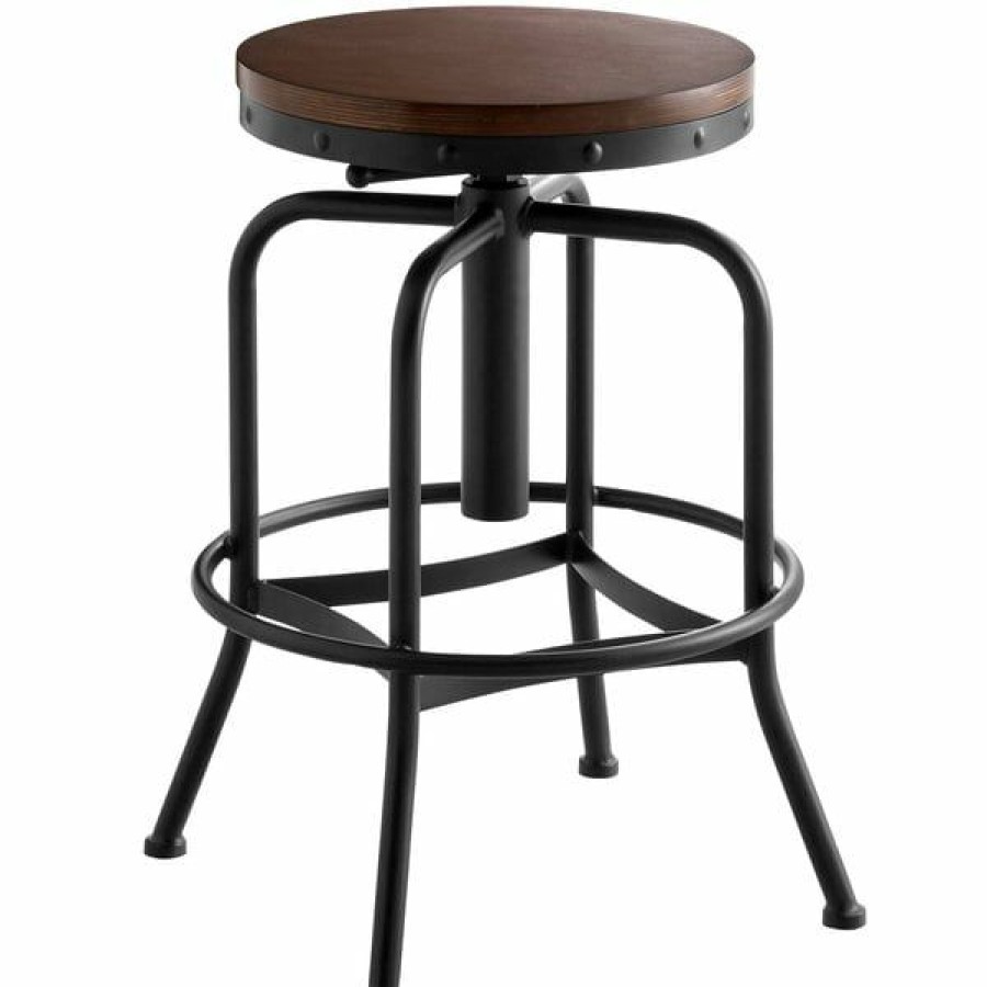 Restaurant Bar Stools * | Coupon Lancaster Table & Seating Screw Top Adjustable Height Black Barstool With Antique Walnut Seat