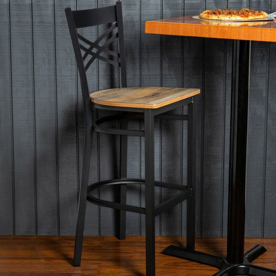 Restaurant Bar Stools * | Deals Lancaster Table & Seating Black Cross Back Bar Height Chair With Driftwood Seat