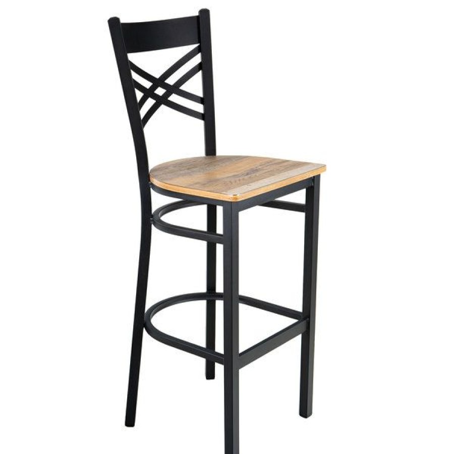 Restaurant Bar Stools * | Deals Lancaster Table & Seating Black Cross Back Bar Height Chair With Driftwood Seat