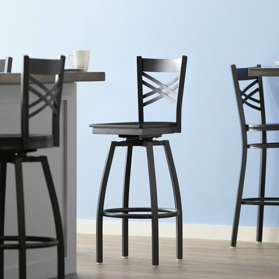 Restaurant Bar Stools * | Outlet Lancaster Table & Seating Cross Back Bar Height Black Swivel Chair With Black Wood Seat