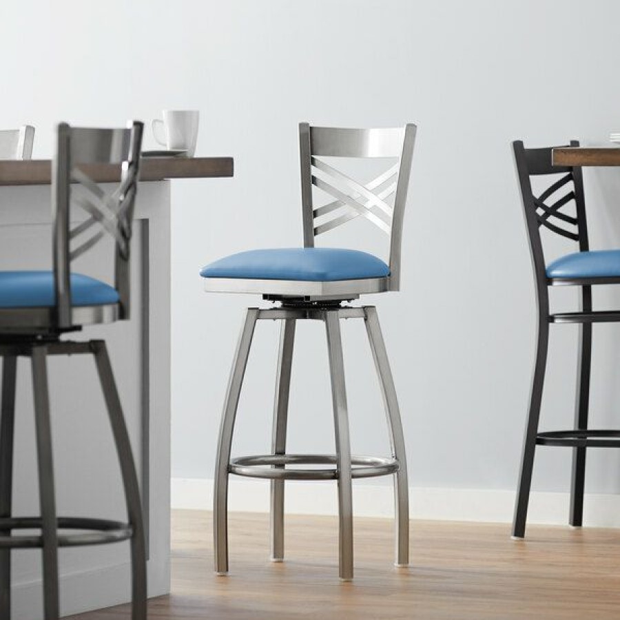 Restaurant Bar Stools * | Outlet Lancaster Table & Seating Clear Coat Cross Back Swivel Bar Height Chair With Blue Padded Seat