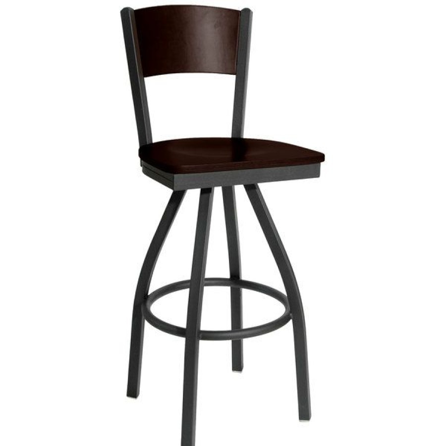 Restaurant Bar Stools * | Flash Sale Bfm Seating 2150Swaw-Wasb Dale Sand Black Metal Swivel Bar Height Chair With Walnut Finish Wooden Back And Seat