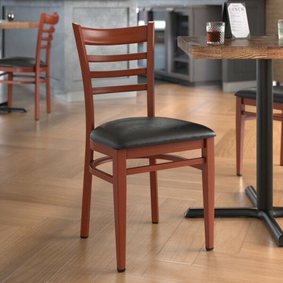 Restaurant Chairs * | Top 10 Lt&S Spartan Series Lancaster Table & Seating Spartan Series Metal Ladder Back Chair With Mahogany Wood Grain Finish And Black Vinyl Seat