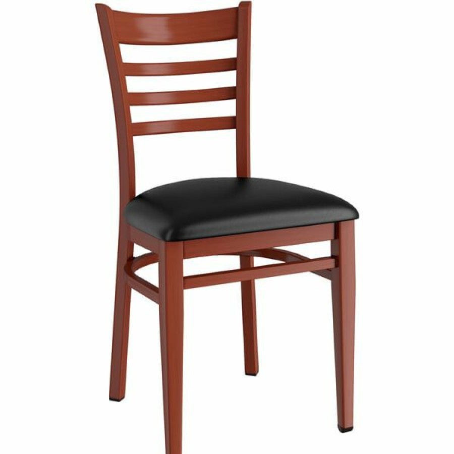 Restaurant Chairs * | Top 10 Lt&S Spartan Series Lancaster Table & Seating Spartan Series Metal Ladder Back Chair With Mahogany Wood Grain Finish And Black Vinyl Seat