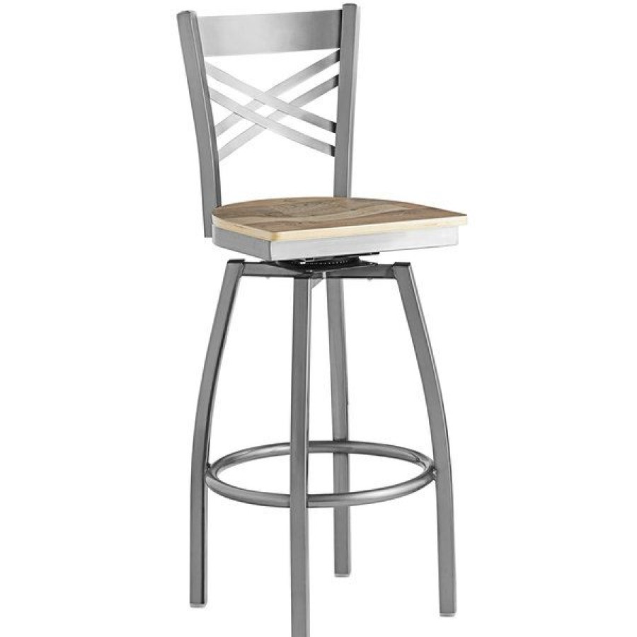 Restaurant Bar Stools * | Top 10 Lancaster Table & Seating Cross Back Bar Height Clear Coat Swivel Chair With Driftwood Seat