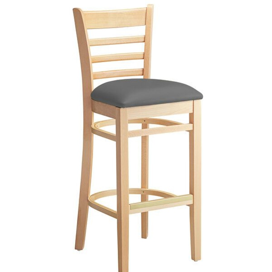 Restaurant Bar Stools * | Cheapest Lancaster Table & Seating Natural Finish Wooden Ladder Back Bar Height Chair With Dark Gray Padded Seat