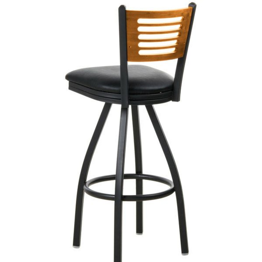 Restaurant Bar Stools * | Discount Bfm Seating 2151Sblv-Ntsb Espy Sand Black Metal Bar Height Chair With Natural Wooden Back And 2 Black Vinyl Swivel Seat