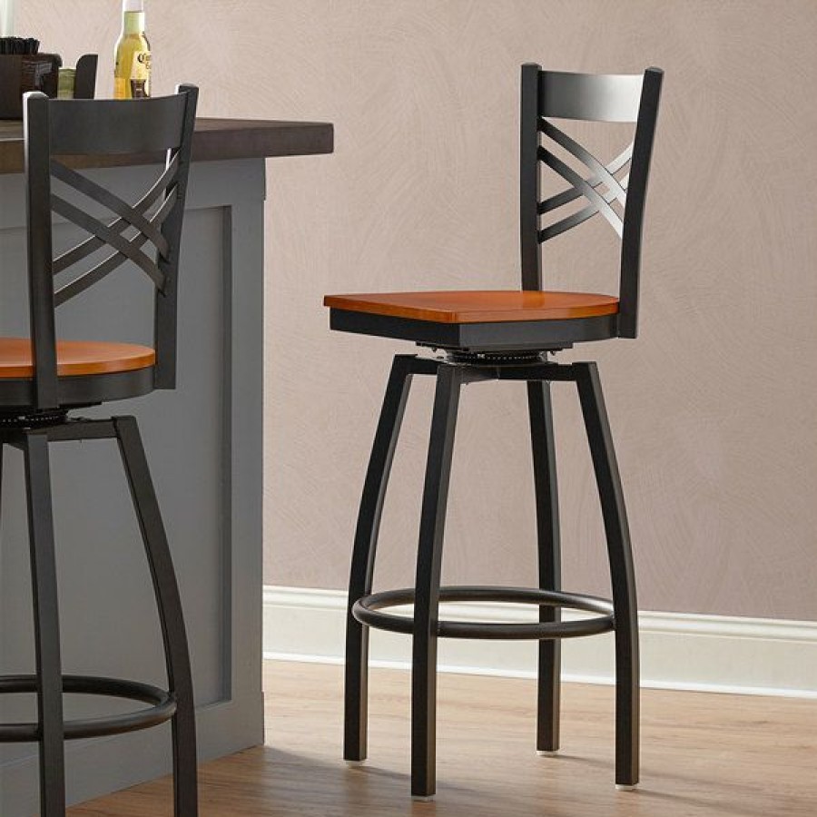 Restaurant Bar Stools * | Best Pirce Lancaster Table & Seating Cross Back Bar Height Black Swivel Chair With Cherry Wood Seat