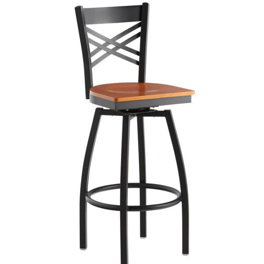 Restaurant Bar Stools * | Best Pirce Lancaster Table & Seating Cross Back Bar Height Black Swivel Chair With Cherry Wood Seat