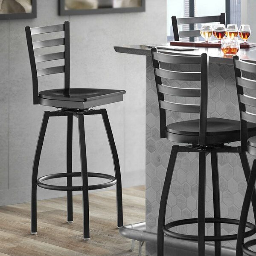 Restaurant Bar Stools * | Brand New Lancaster Table & Seating Black Top Frame Ladder Back Swivel Bar Height Chair With Black Wood Seat