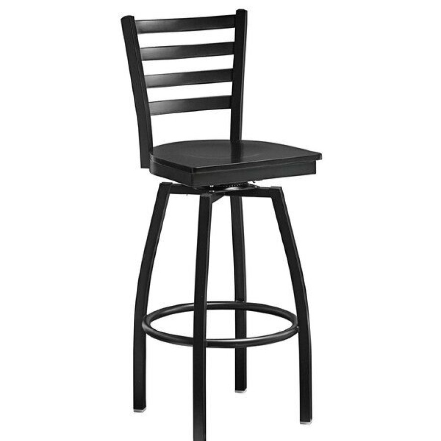 Restaurant Bar Stools * | Brand New Lancaster Table & Seating Black Top Frame Ladder Back Swivel Bar Height Chair With Black Wood Seat