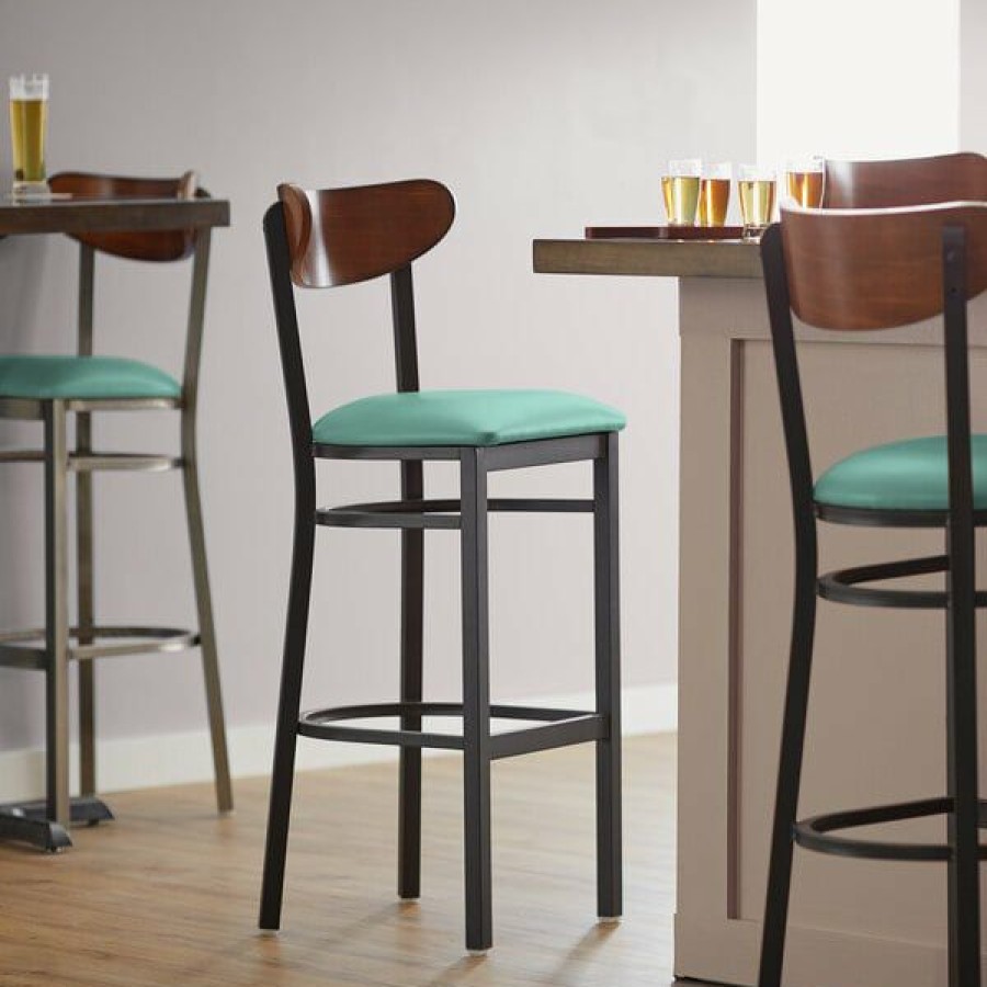 Restaurant Bar Stools * | Top 10 Lt&S Boomerang Series Lancaster Table & Seating Boomerang Bar Height Black Chair With Seafoam Vinyl Seat And Antique Walnut Back