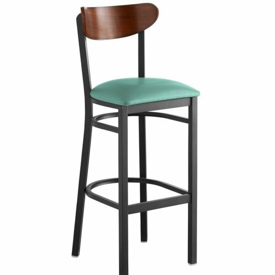 Restaurant Bar Stools * | Top 10 Lt&S Boomerang Series Lancaster Table & Seating Boomerang Bar Height Black Chair With Seafoam Vinyl Seat And Antique Walnut Back