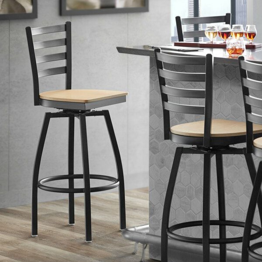 Restaurant Bar Stools * | Hot Sale Lancaster Table & Seating Black Top Frame Ladder Back Swivel Bar Height Chair With Natural Wood Seat