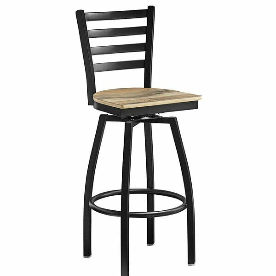 Restaurant Bar Stools * | Deals Lancaster Table & Seating Black Top Frame Ladder Back Swivel Bar Height Chair With Driftwood Seat