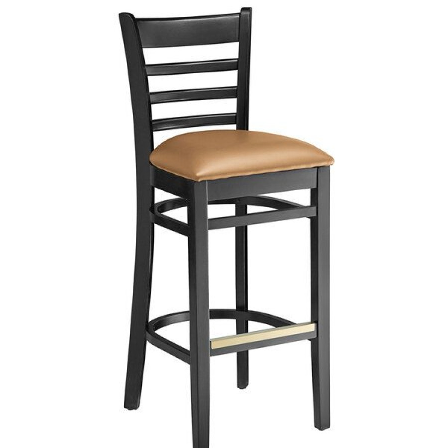 Restaurant Bar Stools * | Discount Lancaster Table & Seating Black Ladder Back Bar Height Chair With Light Brown Padded Seat