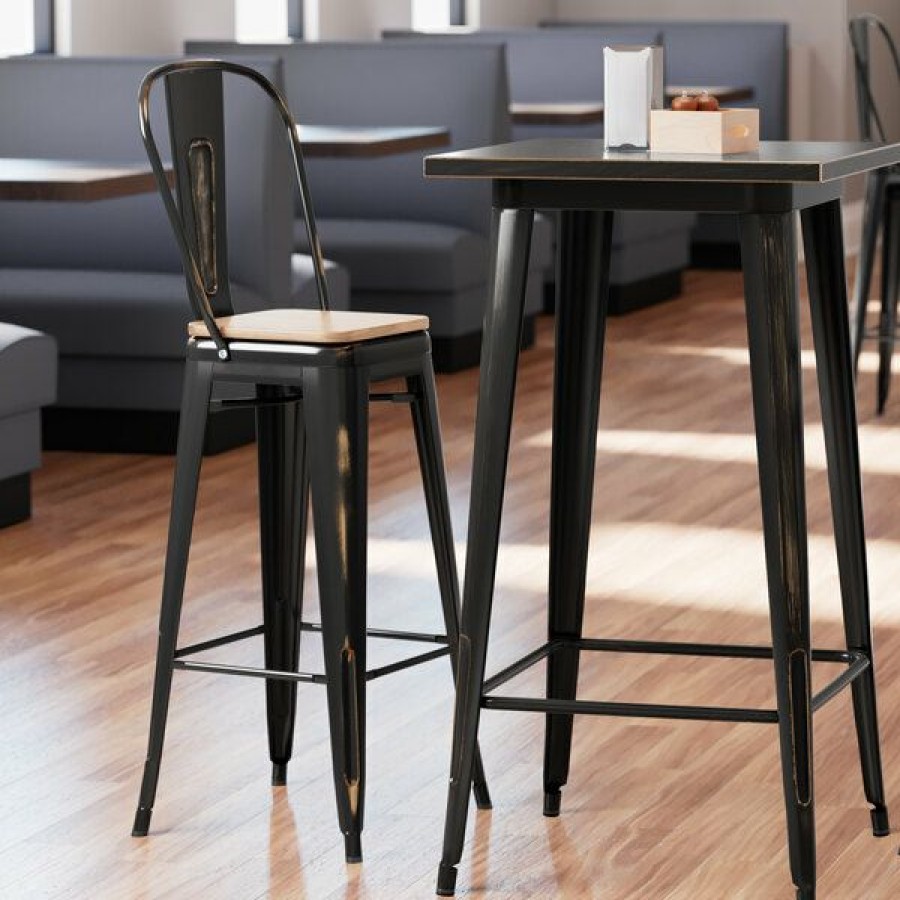 Restaurant Bar Stools * | Outlet Lt&S Alloy Series Lancaster Table & Seating Alloy Series Distressed Copper Metal Indoor Industrial Cafe Bar Height Stool With Vertical Slat Back And Natural Wood Seat