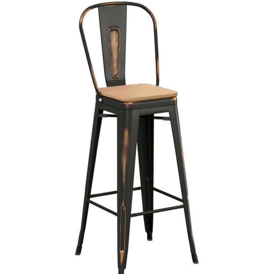 Restaurant Bar Stools * | Outlet Lt&S Alloy Series Lancaster Table & Seating Alloy Series Distressed Copper Metal Indoor Industrial Cafe Bar Height Stool With Vertical Slat Back And Natural Wood Seat