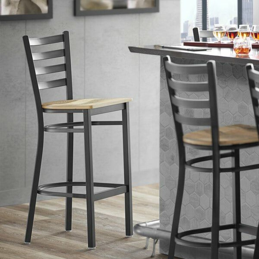 Restaurant Bar Stools * | Budget Lancaster Table & Seating Black Frame Ladder Back Bar Height Chair With Driftwood Seat