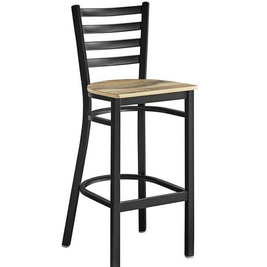 Restaurant Bar Stools * | Budget Lancaster Table & Seating Black Frame Ladder Back Bar Height Chair With Driftwood Seat