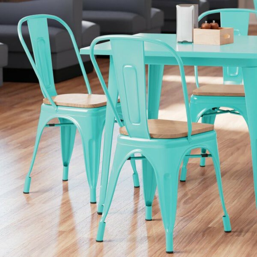 Restaurant Chairs * | Deals Lt&S Alloy Series Lancaster Table & Seating Alloy Series Seafoam Metal Indoor Industrial Cafe Chair With Vertical Slat Back And Natural Wood Seat