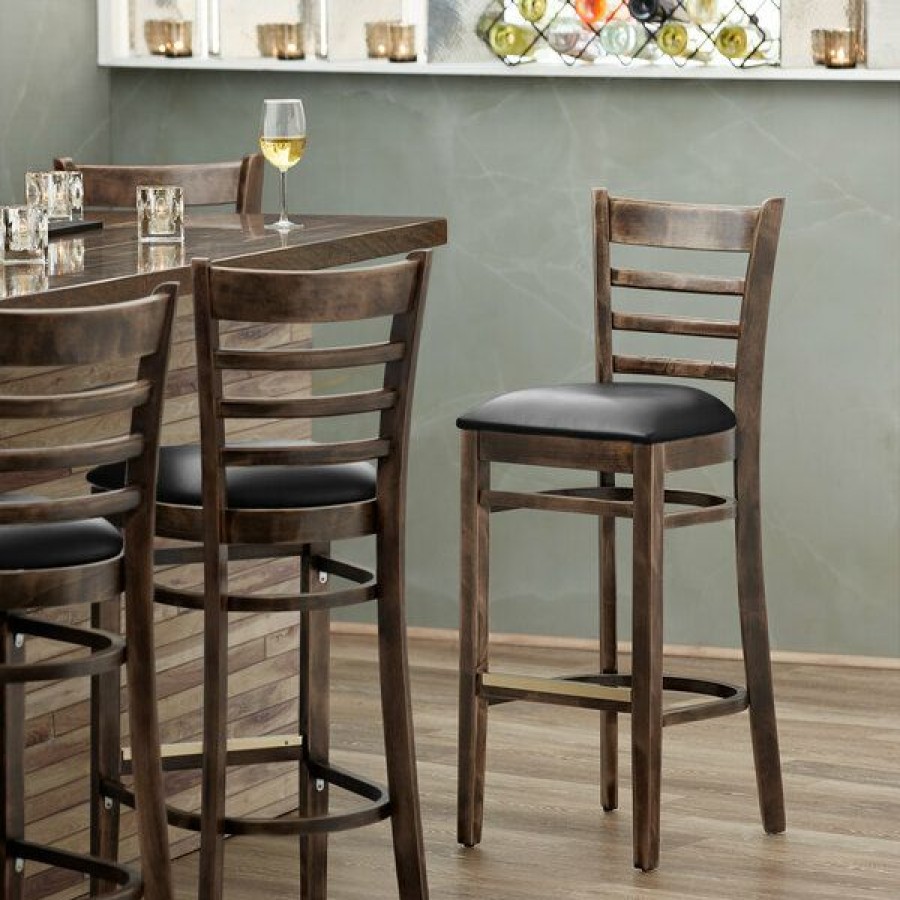 Restaurant Bar Stools * | Cheap Lancaster Table & Seating Vintage Ladder Back Bar Height Chair With Black Padded Seat