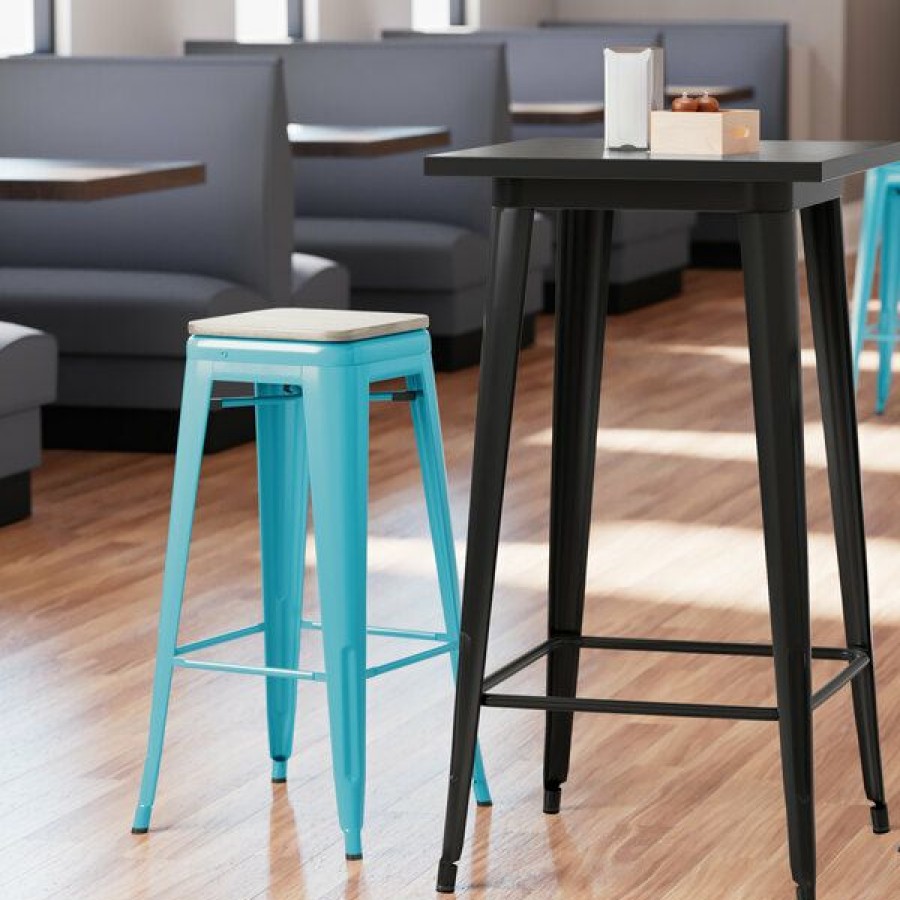 Restaurant Bar Stools * | Deals Lt&S Alloy Series Lancaster Table & Seating Alloy Series Arctic Blue Stackable Metal Indoor Industrial Barstool With Gray Wood Seat