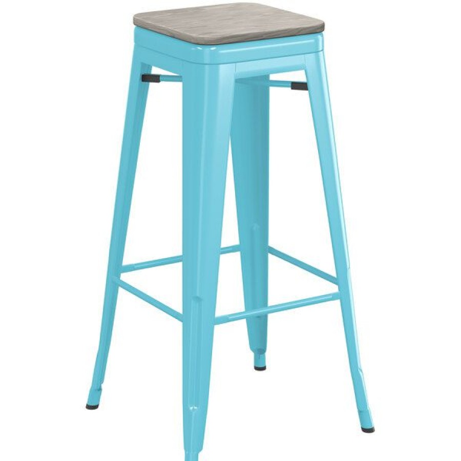 Restaurant Bar Stools * | Deals Lt&S Alloy Series Lancaster Table & Seating Alloy Series Arctic Blue Stackable Metal Indoor Industrial Barstool With Gray Wood Seat